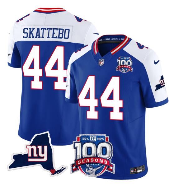 Men's New York Giants #44 Cam Skattebo Royal/White 2025 Draft F.U.S.E. 100th Season & State Patch Vapor Limited Stitched Football Jersey Men's New York Giants #44 Cam Skattebo Royal/White 2025 Draft F.U.S.E. 100th Season & State Patch Vapor Limited Stitched Football Jersey